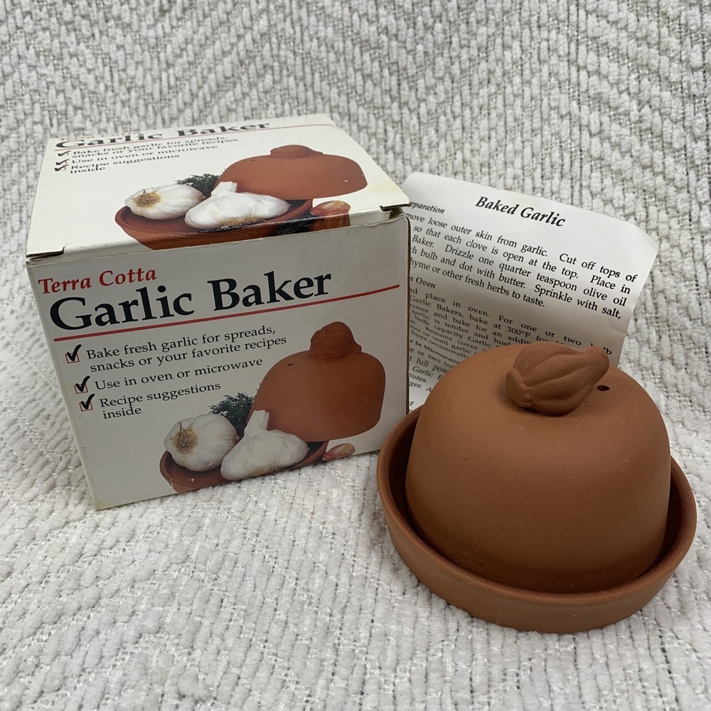 Terra Cotta Garlic Baker Roasted Corning Revere Oven Microwave  w/Recipe‎ New